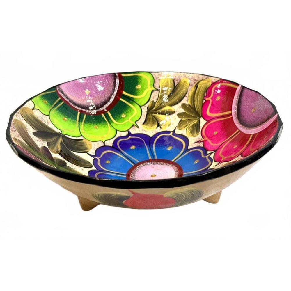 Vintage Hand-Painted Floral Clay Footed Bowl - Mexican Tonalá Colorful Folk Art